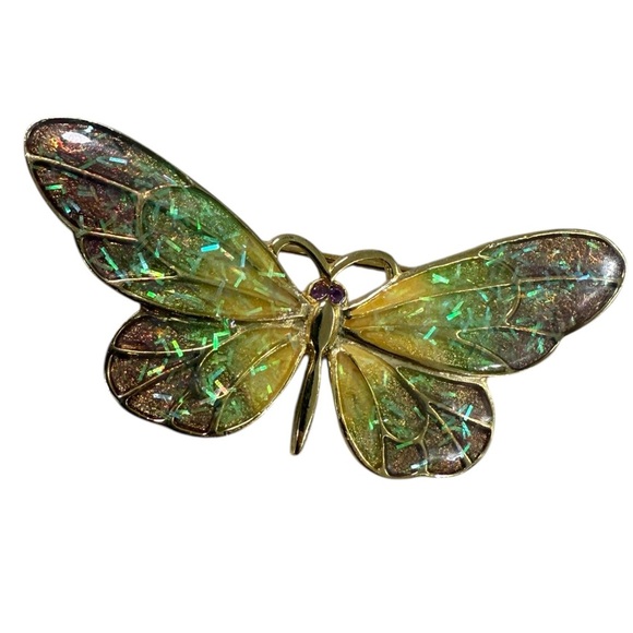Vintage Iridescent Butterfly Brooch Gold Tone Statement Pin 70s - Picture 5 of 5